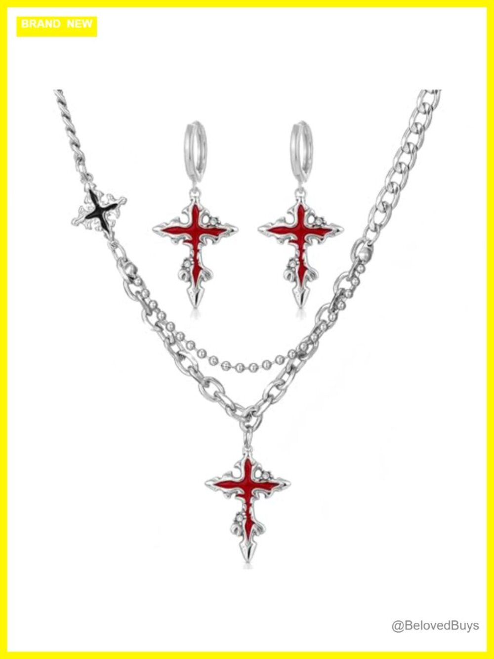Gothic Cross Necklace Earrings Set Stainless Steel Punk Grunge Jewelry